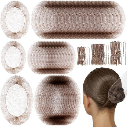 Teenitor Hair Nets For Buns, 3 Sizes Hair Bun Nets For Ballet Girls(12, 20, 28 Inch), 80pcs U Shape Bobby Pins and 40pcs Hairnets For Dance Buns Maker, Tan Brown