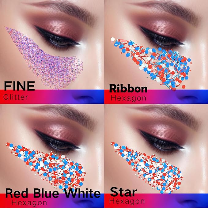 4 Jars Red Blue White USA Independent Day Flag Patriotic Face Glitter,4th of July Accessories Sparkle Body Glitter Face Paint,Fourth of July Festival Outfits for Women,40g/1.41 oz