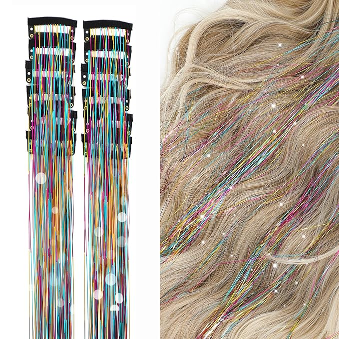 12Pcs Hair Tinsel Clip in Glitter Tinsel Hair Extensions 19.6Inch Clip in Hair Tinsel Kit Heat Resistant Shiny Sparkly Fairy Hair Accessories for Women Girls Kids (Rainbow)