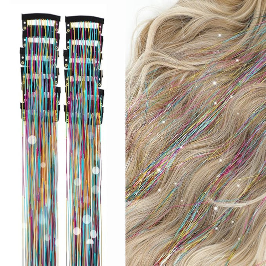 12Pcs Hair Tinsel Clip in Glitter Tinsel Hair Extensions 19.6Inch Clip in Hair Tinsel Kit Heat Resistant Shiny Sparkly Fairy Hair Accessories for Women Girls Kids (Rainbow)