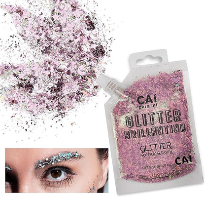 Hair Glitter Gel Body Glitter & Face Glitter for Women/Kids (2 Pk Rose/Stardust Rose) Chunky Iridescent Holograph Stars & Moon Cosmetic-Grade Makeup Apply Without Glue Easy to Take Off