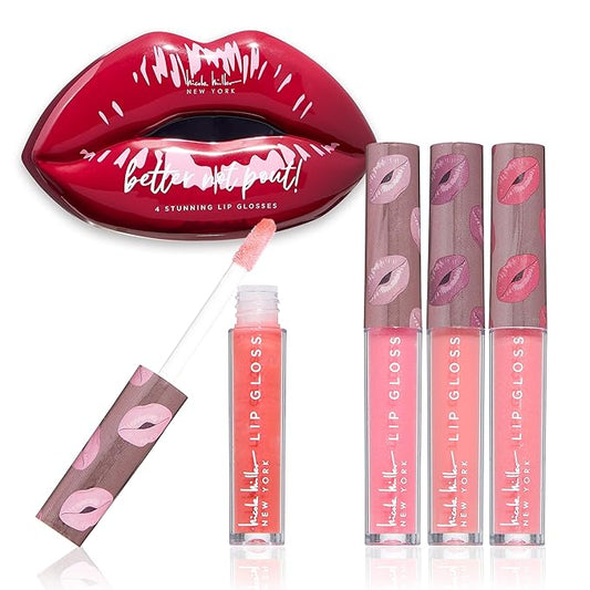 Nicole Miller Lip Gloss Collection Shimmery Glosses for Women and Girls Long Lasting Color Set with Rich Varied Colors, Better Not Pout Red, 4 Count (Pack of 1)