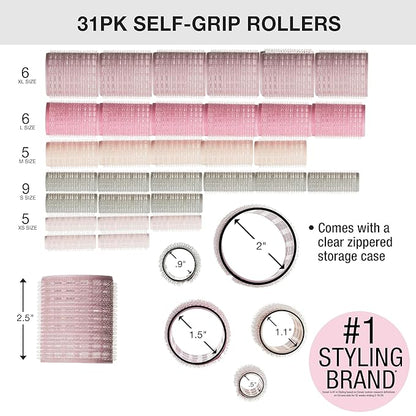 Conair Heatless Curls Hair Roller - 31 Count, Assorted sizes & Colors - Pink, Gray & Purple - Overnight Curl Rollers w/storage case