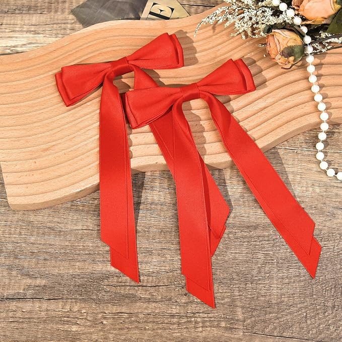 2PCS Silky Satin Hair Bows Hair Clip Red Hair Ribbon Ponytail Holder Accessories Slides Metal Clips Hair Bow for Women Girls Toddlers Teens Kids