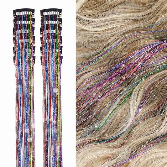 12Pcs Hair Tinsel Clip in Glitter Tinsel Hair Extensions 19.6Inch Clip in Hair Tinsel Kit Heat Resistant Shiny Sparkly Fairy Hair Accessories for Women Girls Kids (Colorful)