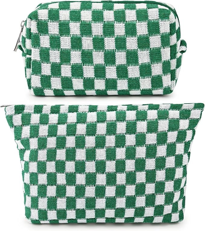 2 Pieces Makeup Bag Large Checkered Cosmetic Bag Capacity Canvas Mix Travel Toiletry Bag Organizer Cute Makeup Brushes Aesthetic Accessories Storage Bag for Women, Checkered Mix Green