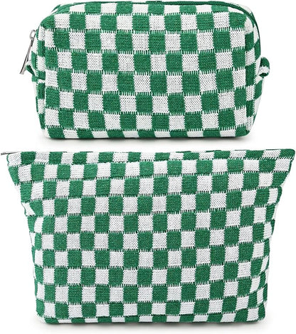 2 Pieces Makeup Bag Large Checkered Cosmetic Bag Capacity Canvas Mix Travel Toiletry Bag Organizer Cute Makeup Brushes Aesthetic Accessories Storage Bag for Women, Checkered Mix Green