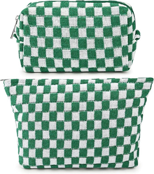 2 Pieces Makeup Bag Large Checkered Cosmetic Bag Capacity Canvas Mix Travel Toiletry Bag Organizer Cute Makeup Brushes Aesthetic Accessories Storage Bag for Women, Checkered Mix Green