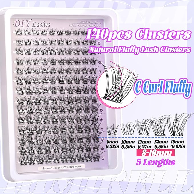 Natural Lash Clusters Kit Wispy Lash Invisible Lash Band Cluster Eyelash Extensions Kit 8-16mm Individual Lashes Extension DIY D Curl Eyelash Clusters with Waterproof Clear Lash Band Clusters