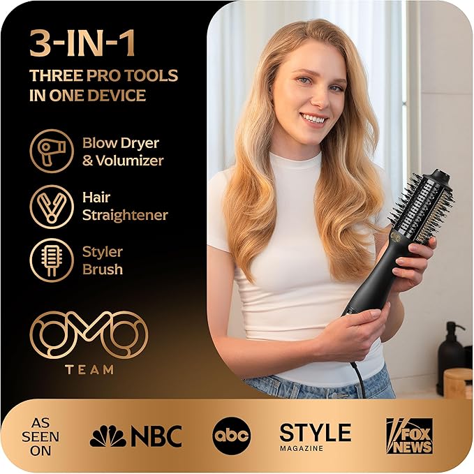 Blowout Brush Hair Dryer, Dual Voltage 3-in-1 Blow Drying Brush, Ionic Hair Straightener Comb Tool w/No Heat Damage, Light 1.3lb Blowout Tool, Blow Dryer Curling Wand and Hot Air Styler for All Types