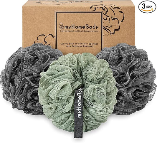 myHomeBody Large 70g Loofah Sponge, Bath Body Scrubber for Women, Men, Exfoliating Shower Pouf with Activated Charcoal - 2 Graphite Gray + 1 Sage Green, 3 Pack