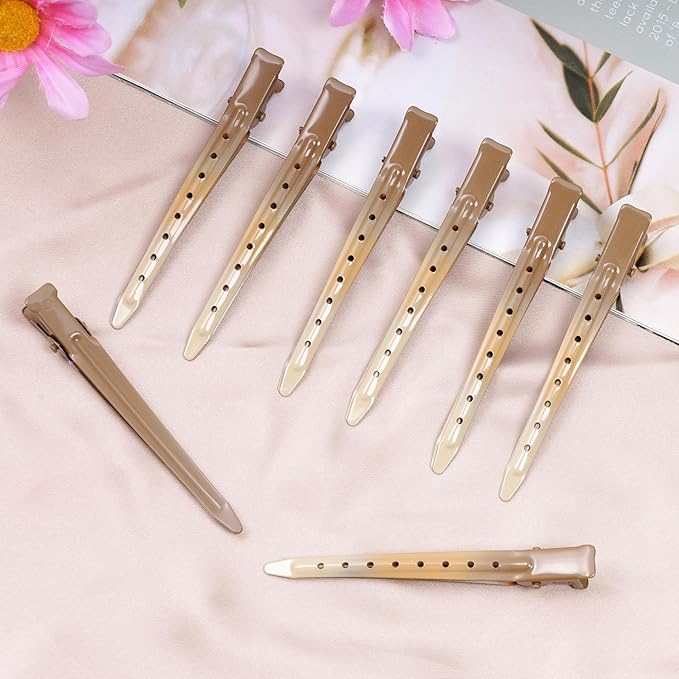 24 Packs Duck Bill Clips, Bantoye 3.35 Inches Rustproof Metal Alligator Curl Clips with Holes for Hair Styling, Hair Coloring, GS Brown
