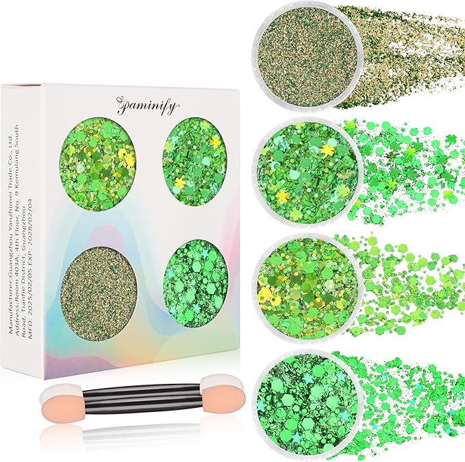Green Face Glitter Gel,4 Styles St Patricks Day Body Glitter,Singer Concert Outfit for Women,Sparkling Hair Glitter Makeup Rave Festival Accessories,40g/1.41 oz