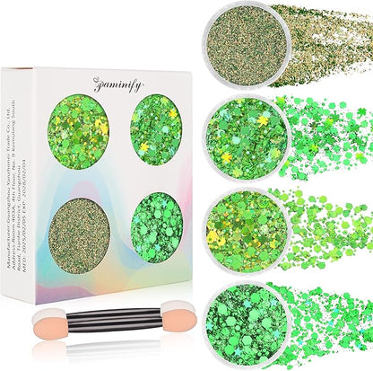 Green Face Glitter Gel,4 Styles St Patricks Day Body Glitter,Singer Concert Outfit for Women,Sparkling Hair Glitter Makeup Rave Festival Accessories,40g/1.41 oz