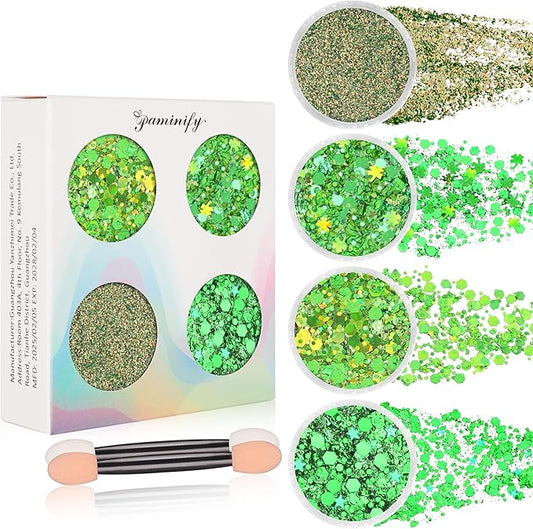 Green Face Glitter Gel,4 Styles St Patricks Day Body Glitter,Singer Concert Outfit for Women,Sparkling Hair Glitter Makeup Rave Festival Accessories,40g/1.41 oz