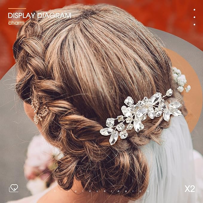 2 Pcs Bridal Wedding Hair Comb Rhinestone Silver Bridal Side Comb Crystal Rhinestone Hair Accessories for Women and Girls
