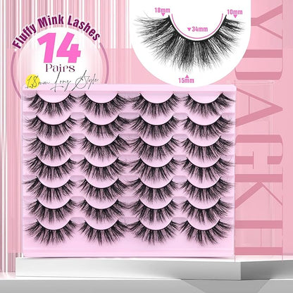 Mink Lashes 18mm False Eyelashes D-Curly Russian Strip Lashes Long Dramatic Cat Eye Lashes Natural Look Like Lash Extension 6D Volume Wispy Fake Eyelashes Pack by YDAGKH, 14 Pairs