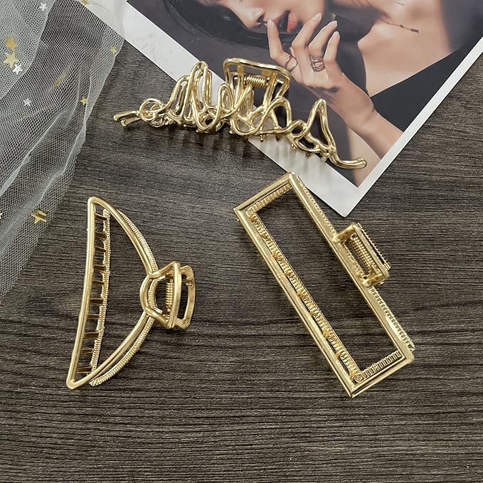 Mehayi 3 PCS Large Gold Metal Hair Claw Clips for Women Girls, Cute Alloy Big Hair Clamps Strong Hold for Thick Thin Hair, Fashion Hair Accessories Headwear Styling Tools for Party Wedding