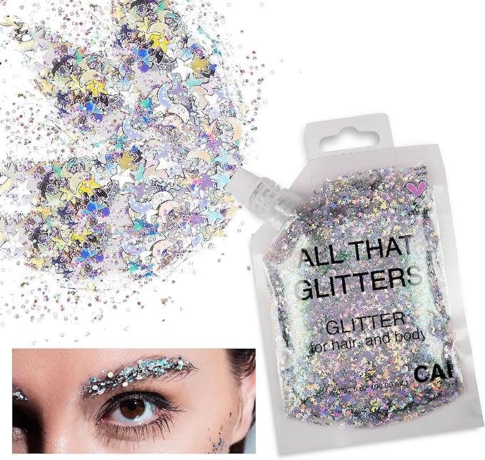 Hair Glitter Gel Body Glitter & Face Glitter for Women/Kids (5 Pk Unicorn) Chunky Iridescent Holograph Stars & Moon Cosmetic-Grade Makeup, Apply Without Glue, Easy to Take Off & Keep Skin Clean