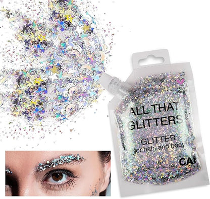 Hair Glitter Gel Body Glitter & Face Glitter for Women/Kids (5 Pk Unicorn) Chunky Iridescent Holograph Stars & Moon Cosmetic-Grade Makeup, Apply Without Glue, Easy to Take Off & Keep Skin Clean