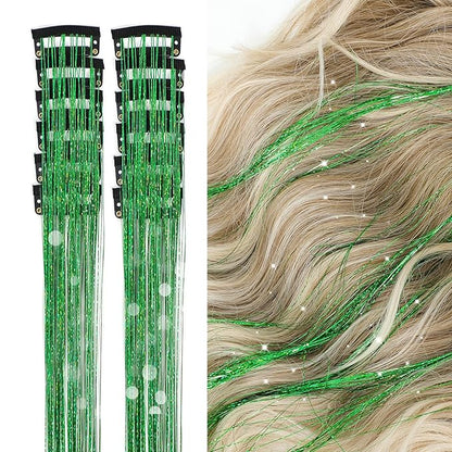 12Pcs Hair Tinsel Clip in Glitter Tinsel Hair Extensions 19.6Inch Clip in Hair Tinsel Kit Heat Resistant Shiny Sparkly Fairy Hair Accessories for Women Girls Kids (Green)