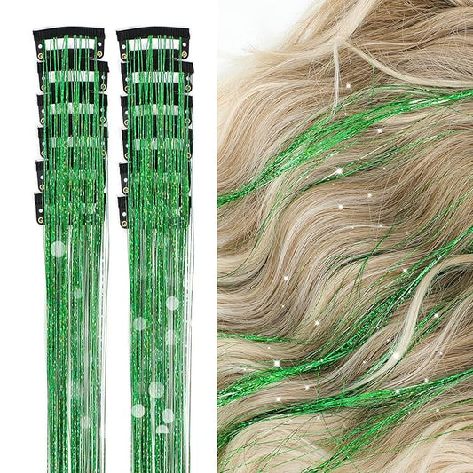 12Pcs Hair Tinsel Clip in Glitter Tinsel Hair Extensions 19.6Inch Clip in Hair Tinsel Kit Heat Resistant Shiny Sparkly Fairy Hair Accessories for Women Girls Kids (Green)