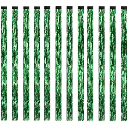12PCS Tinsel Hair Extensions Glitter Hair Extension Clip in Gold Sparkling Fairy Hair Tinsel Kit Shiny Highlights Colorful Heat Resistant Hair Accessories for Girls New Year Party(Green)