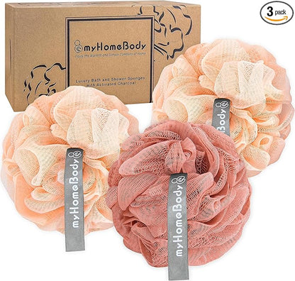 myHomeBody 60g Loofah Sponge, Body Scrubber, Bath Sponge, Loofah for Women, Men, Exfoliating Sponge Shower Pouf with Activated Charcoal - 2 Peach + 1 Coral Red, 3 Pack