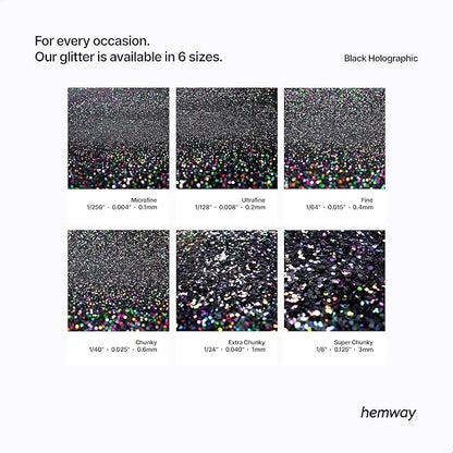 Hemway Premium Ultra Sparkle Glitter Multi Purpose Metallic Flake for Nail Art, Cosmetic Graded, Makeup, Festival, Party, Hair, Body and Eyes 100g / 3.5oz - Black Holographic