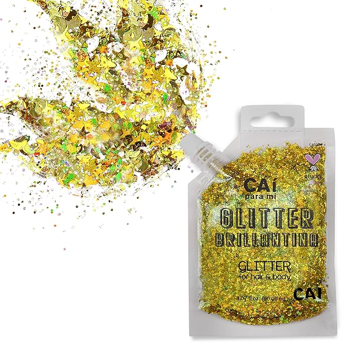 Hair Glitter Gel; Body Glitter & Face Glitter for Women/Kids(2 Pk Gold/Gold) Chunky Iridescent Holograph Stars & Moon, 6 oz | Cosmetic-Grade Makeup, Apply Without Glue, Easy to Take Off & Clean