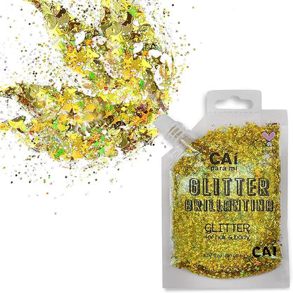 Hair Glitter Gel; Body Glitter & Face Glitter for Women/Kids(2 Pk Gold/Gold) Chunky Iridescent Holograph Stars & Moon, 6 oz | Cosmetic-Grade Makeup, Apply Without Glue, Easy to Take Off & Clean