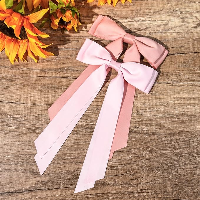 2PCS Silky Satin Hair Bows Hair Clip Pink Hair Ribbon Ponytail Holder Accessories Slides Metal Clips Hair Bow for Women Girls Toddlers Teens Kids