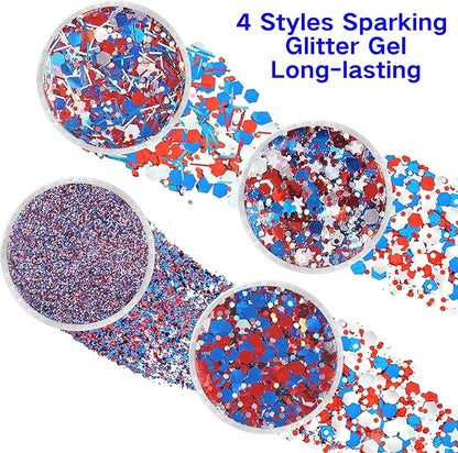 4 Jars Red Blue White USA Independent Day Flag Patriotic Face Glitter,4th of July Accessories Sparkle Body Glitter Face Paint,Fourth of July Festival Outfits for Women,40g/1.41 oz