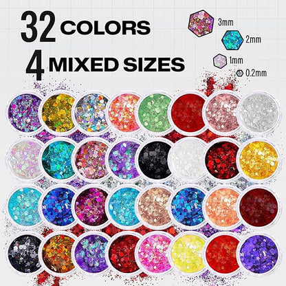 32 Pack Chunky Mix Holographic Glitter - Face Glitter, Nail Glitter, Chunky Fine Glitter, Craft Glitter for Crafts, Makeup & Body, Festival Chunky Glitter, Cosmetic Grade