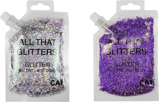 Hair Glitter Gel; Body Glitter & Face Glitter for Women/Kids (2 PK Silver/Purple) Moon & Stars; Iridescent Holograph Cosmetic Grade- Apply Without Glue, Easy to Take Off Keeps Skin Clean