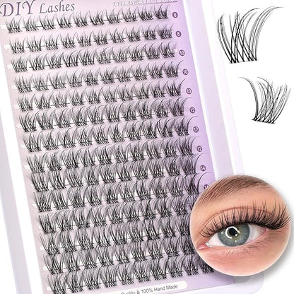 Natural Lash Clusters Kit Wispy Lash Invisible Lash Band Cluster Eyelash Extensions Kit 8-16mm Individual Lashes Extension DIY D Curl Eyelash Clusters with Waterproof Clear Lash Band Clusters
