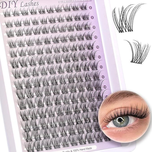 Natural Lash Clusters Kit Wispy Lash Invisible Lash Band Cluster Eyelash Extensions Kit 8-16mm Individual Lashes Extension DIY D Curl Eyelash Clusters with Waterproof Clear Lash Band Clusters
