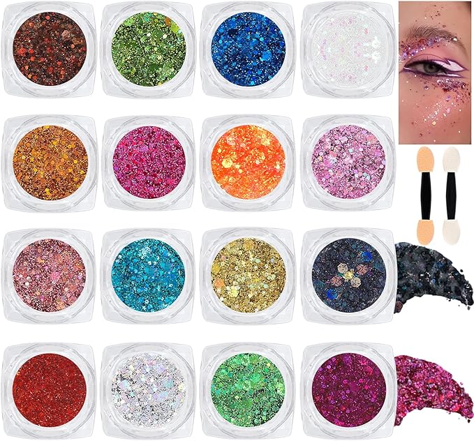 16 Colors Chunky Fine Mixed Holographic Glitter Gel Set for Face and Body Makeup Festival Party Sparkle Glitter Gel Decoration Rave Accessories