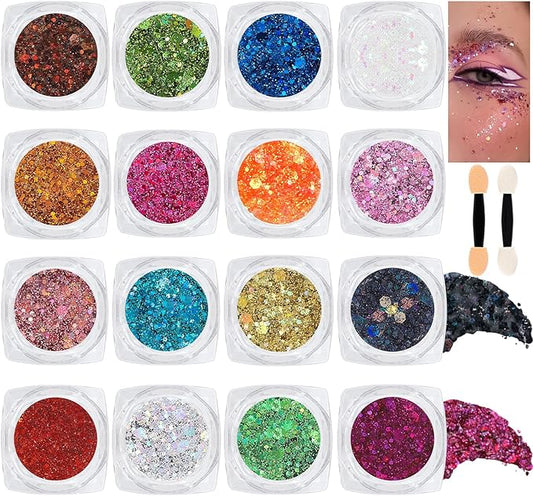 16 Colors Chunky Fine Mixed Holographic Glitter Gel Set for Face and Body Makeup Festival Party Sparkle Glitter Gel Decoration Rave Accessories