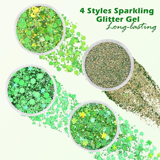 Green Face Glitter Gel,4 Styles St Patricks Day Body Glitter,Singer Concert Outfit for Women,Sparkling Hair Glitter Makeup Rave Festival Accessories,40g/1.41 oz