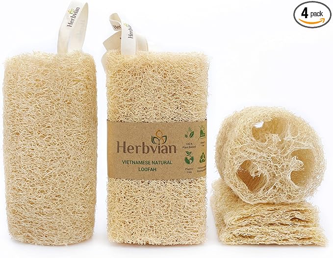 Natural Vietnamese Loofah Sponge, 100% Plant-Based Luffa Exfoliating Body Scrubber for Shower, Multi-Functional for Kitchen, Ideal for Men & Women, Spa & for Pet (Pack 4)