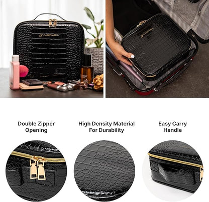 (Not Made In China) 2 Pack, Makeup Bag Travel Case, Train Case for Cosmetics, Portable Beauty Organizer, Cosmetic Storage Bag With Adjustable Dividers For Make Up and Brushes (Croco, Small)