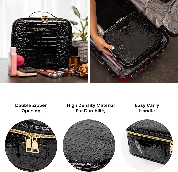 (Not Made In China) Makeup Train Case, Cosmetic Organizer Bag, Travel Make Up Storage With Adjustable Dividers For Cosmetics, Jewelry, Fragrance, Nail Polish and Brushes (1, Crocodile, Small)