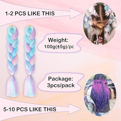 Ombre 4 Colors Mix Braiding Hair 3pcs Extensions Jumbo Hair Rainbow Color Colorful Twist Braid wigs Dreadlocks ( Pink /Purple/Green/Blue/ Light Cyan) (Lot 24Inch)