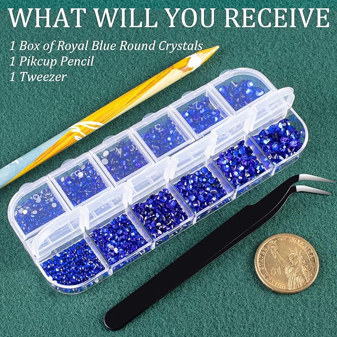 6 Sizes Royal Blue Glass Crystal Kit with Pickup Pen + Tweezer Tools for Shine Nail Art Manicure Makeup DIY Decoration Flatback Round Rhinestone Gem Jewelry Diamond