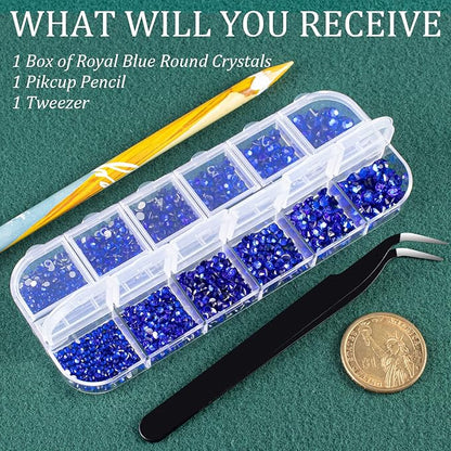 6 Sizes Royal Blue Glass Crystal Kit with Pickup Pen + Tweezer Tools for Shine Nail Art Manicure Makeup DIY Decoration Flatback Round Rhinestone Gem Jewelry Diamond