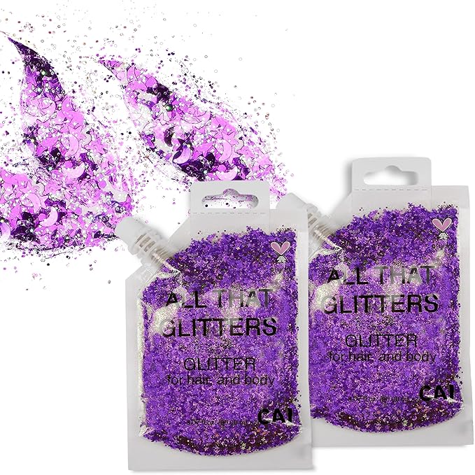 Hair Glitter Gel Body Glitter & Face Glitter for Women/Kids (2 Pk Violet/Violet) Chunky Iridescent Holograph Stars & Moon Cosmetic-Grade Makeup Apply Without Glue Easy to Take Off & Clean