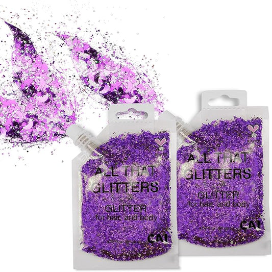 Hair Glitter Gel Body Glitter & Face Glitter for Women/Kids (2 Pk Violet/Violet) Chunky Iridescent Holograph Stars & Moon Cosmetic-Grade Makeup Apply Without Glue Easy to Take Off & Clean