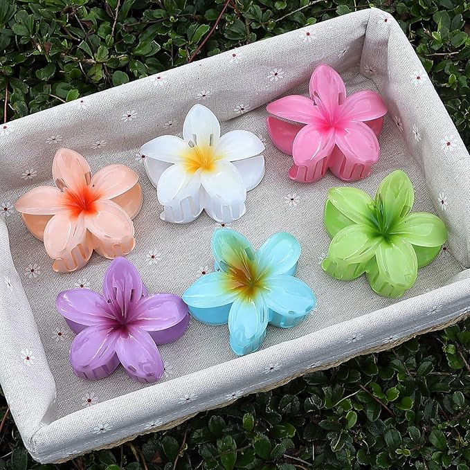 Hawaiian Plumeria Hair Accessories - 6 Pack Large Claw Clips for Thick and Thin Hair, Beach Tropical Hair Clips for Women and Girls -Hawaiian