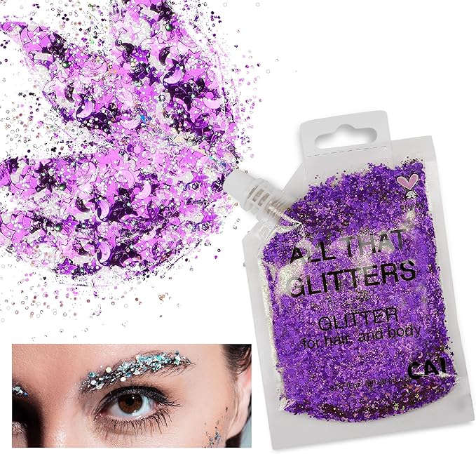 Hair Glitter Gel; Body Glitter & Face Glitter for Women/Kids (2 PK Silver/Purple) Moon & Stars; Iridescent Holograph Cosmetic Grade- Apply Without Glue, Easy to Take Off Keeps Skin Clean